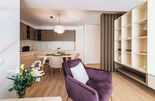 Bucharest Apartment | Urban Amethyst Haven - 1BR Apartment with Balcony