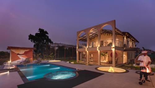 SaffronStays Episode - 5BR pet-friendly pool villa with themed rooms, cabana, bonfire & turf for sports near Karjat River